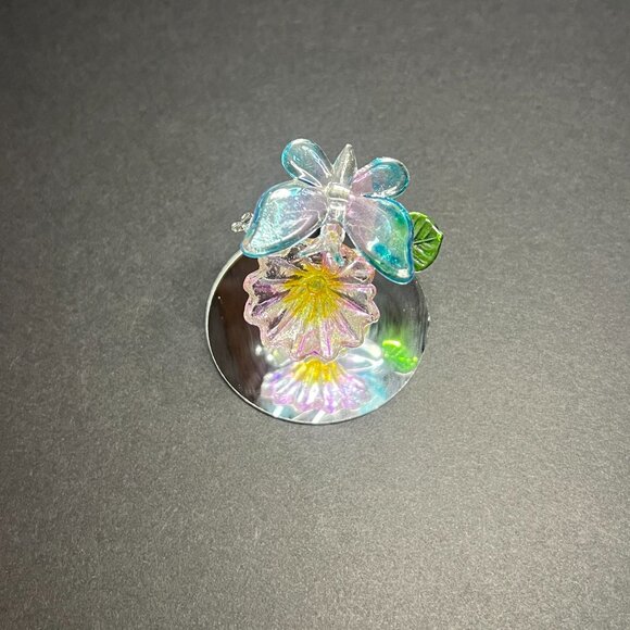 Hand Blown Spun Art Glass Pink & Blue Butterfly on Flower Decorative Figurine - Picture 6 of 6